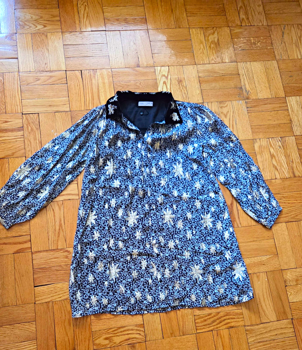 Zara Top Women 13-14 Black/White Floral Embroidered Long Sleeve Top